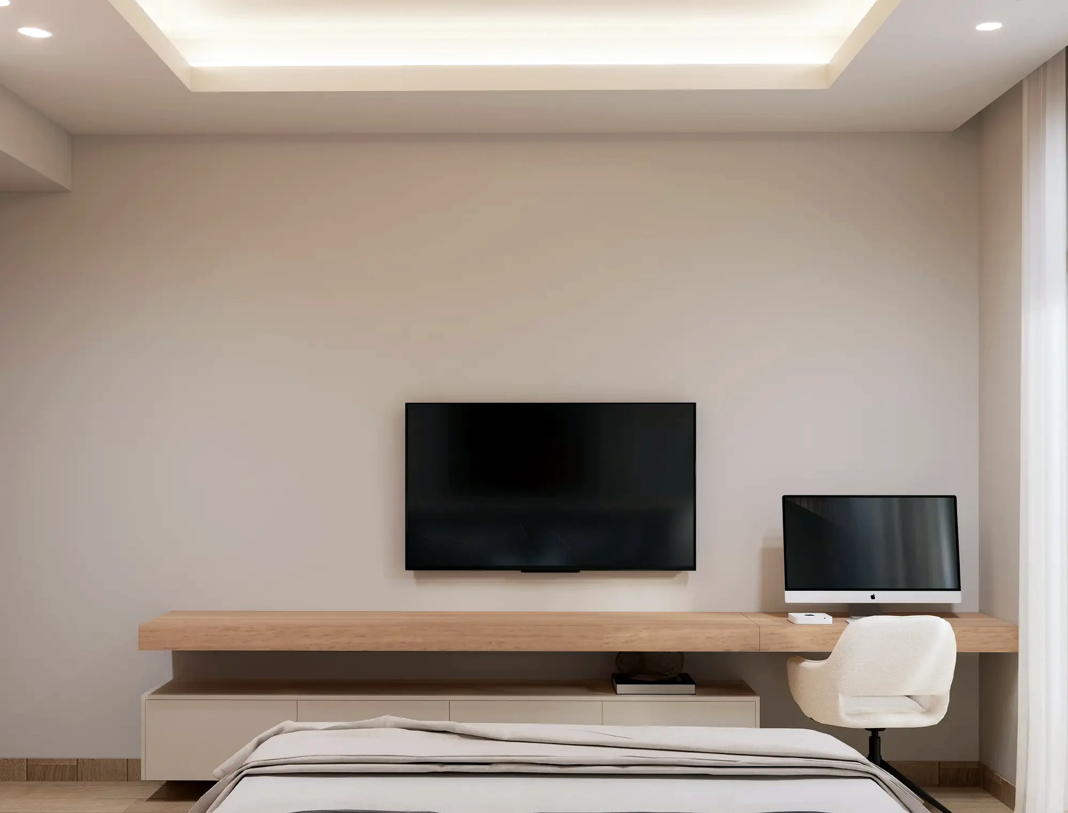 Luxury bedroom interior with integrated TV wall
