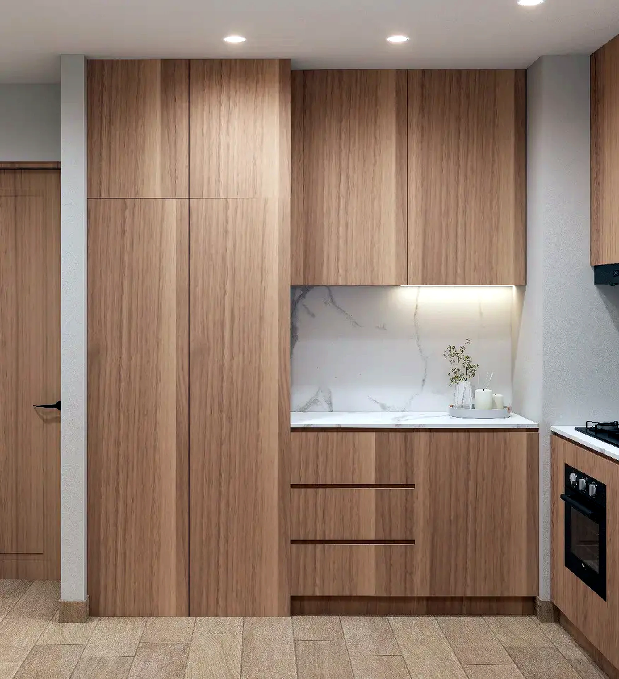 Compact modern wood kitchen with integrated appliances